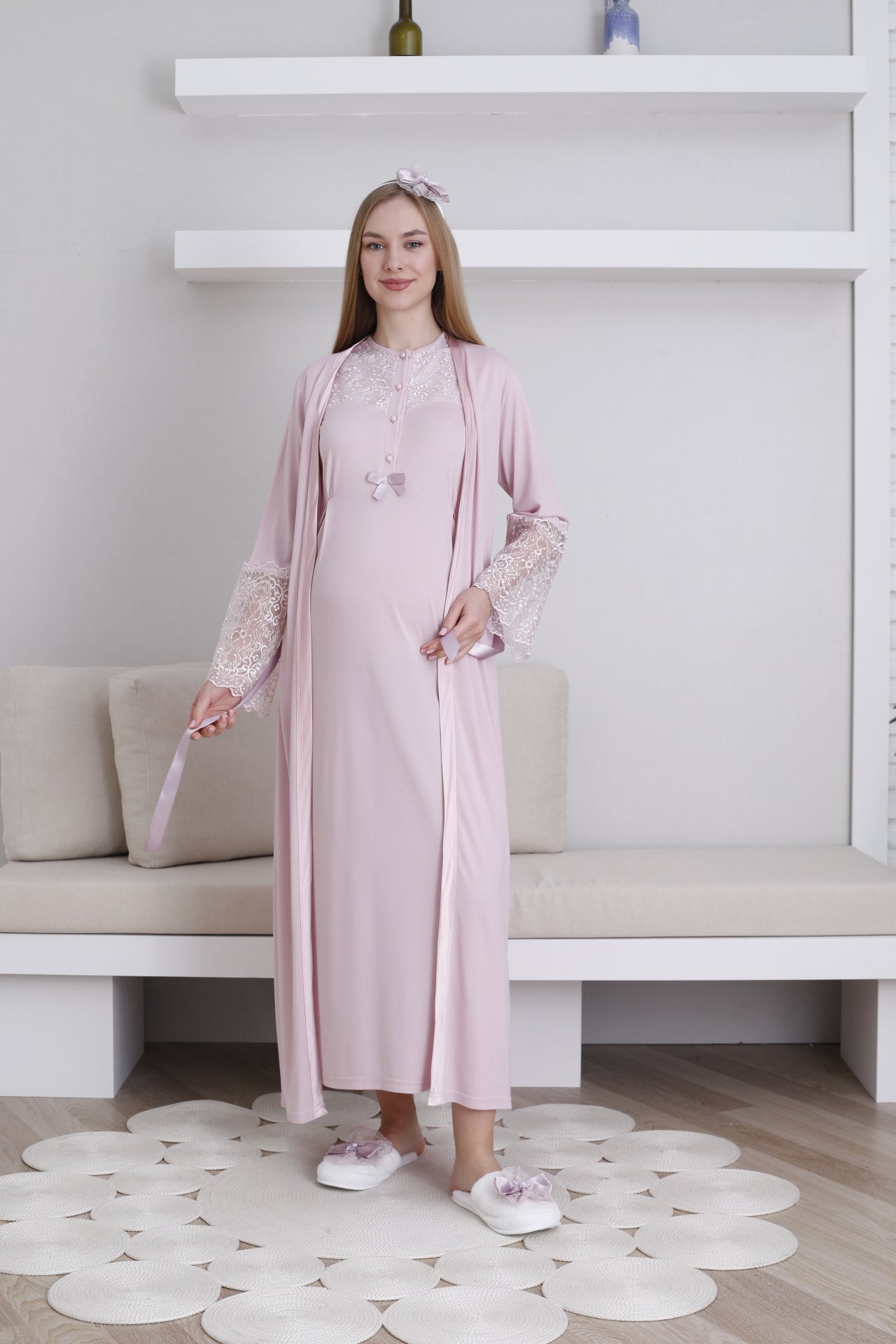 Lace Collar Maternity-Nursing Nightgown & Lace Sleeve Robe Set Powder - 2296