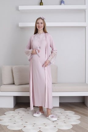 Lace Collar Maternity-Nursing Nightgown & Lace Sleeve Robe Set Powder - 2296