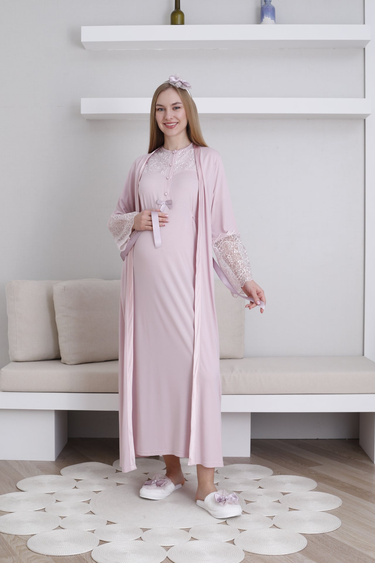 Lace Collar Maternity-Nursing Nightgown & Lace Sleeve Robe Set Powder - 2296