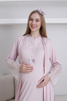 Lace Collar Maternity-Nursing Nightgown & Lace Sleeve Robe Set Powder - 2296