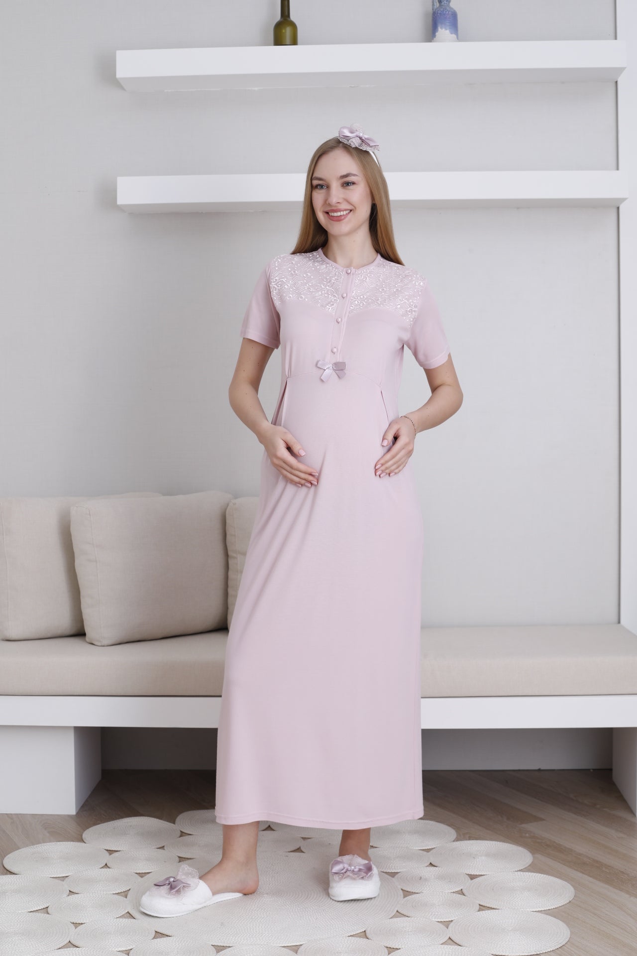 Lace Collar Maternity-Nursing Nightgown & Lace Sleeve Robe Set Powder - 2296