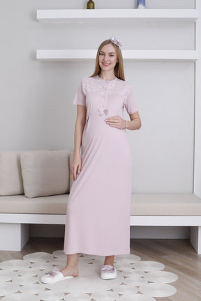 Lace Collar Maternity-Nursing Nightgown & Lace Sleeve Robe Set Powder - 2296