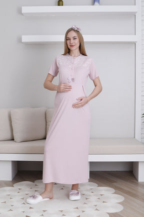 Lace Collar Maternity-Nursing Nightgown & Lace Sleeve Robe Set Powder - 2296