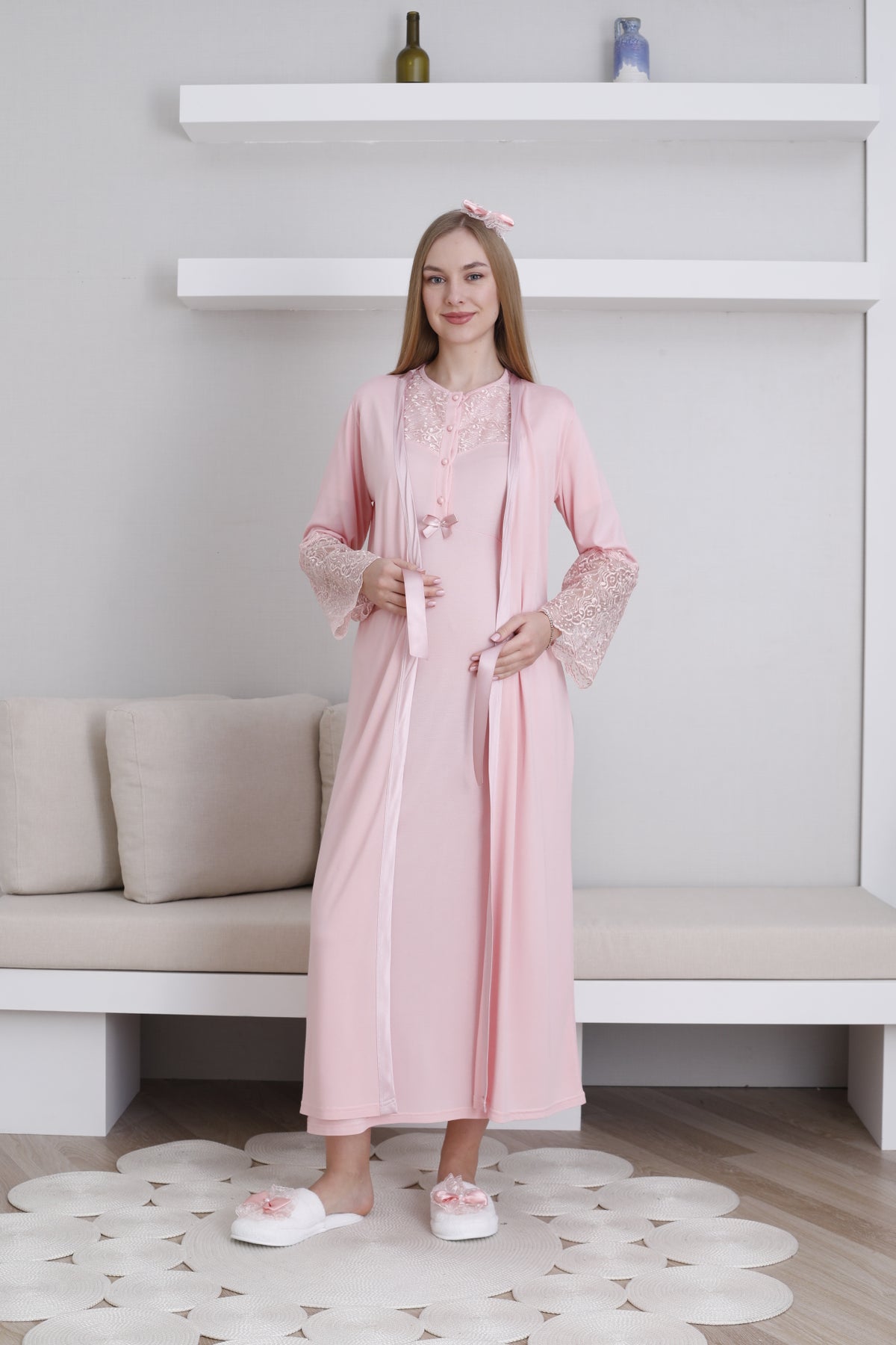 Lace Collar Maternity-Nursing Nightgown & Lace Sleeve Robe Set Salmon - 2296