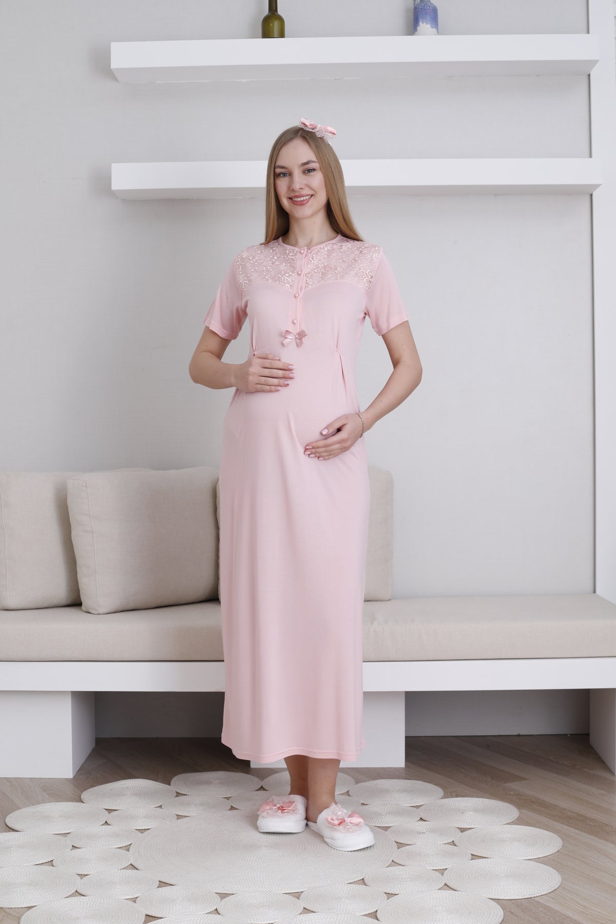 Lace Collar Maternity-Nursing Nightgown & Lace Sleeve Robe Set Salmon - 2296