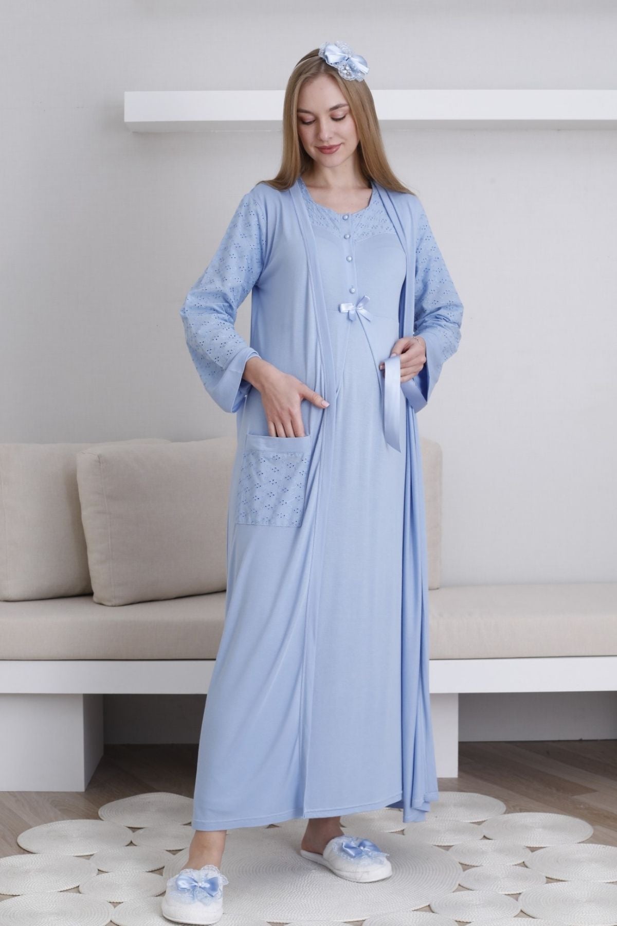 Vintage Lace Maternity-Nursing Nightgown & Robe Set Blue - 2297