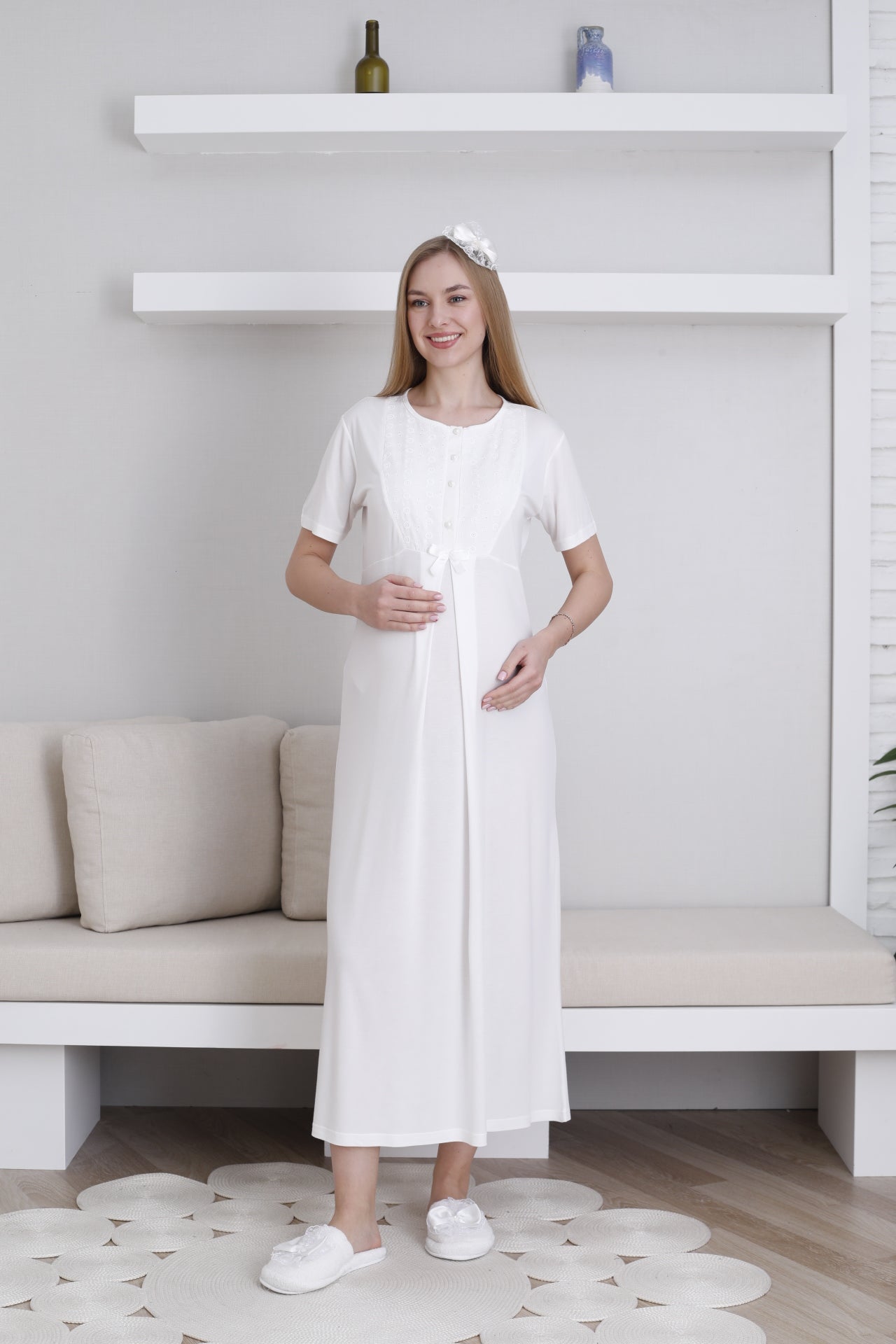 Embroidered Maternity-Nursing Nightgown & Robe Set Ecru - 2298