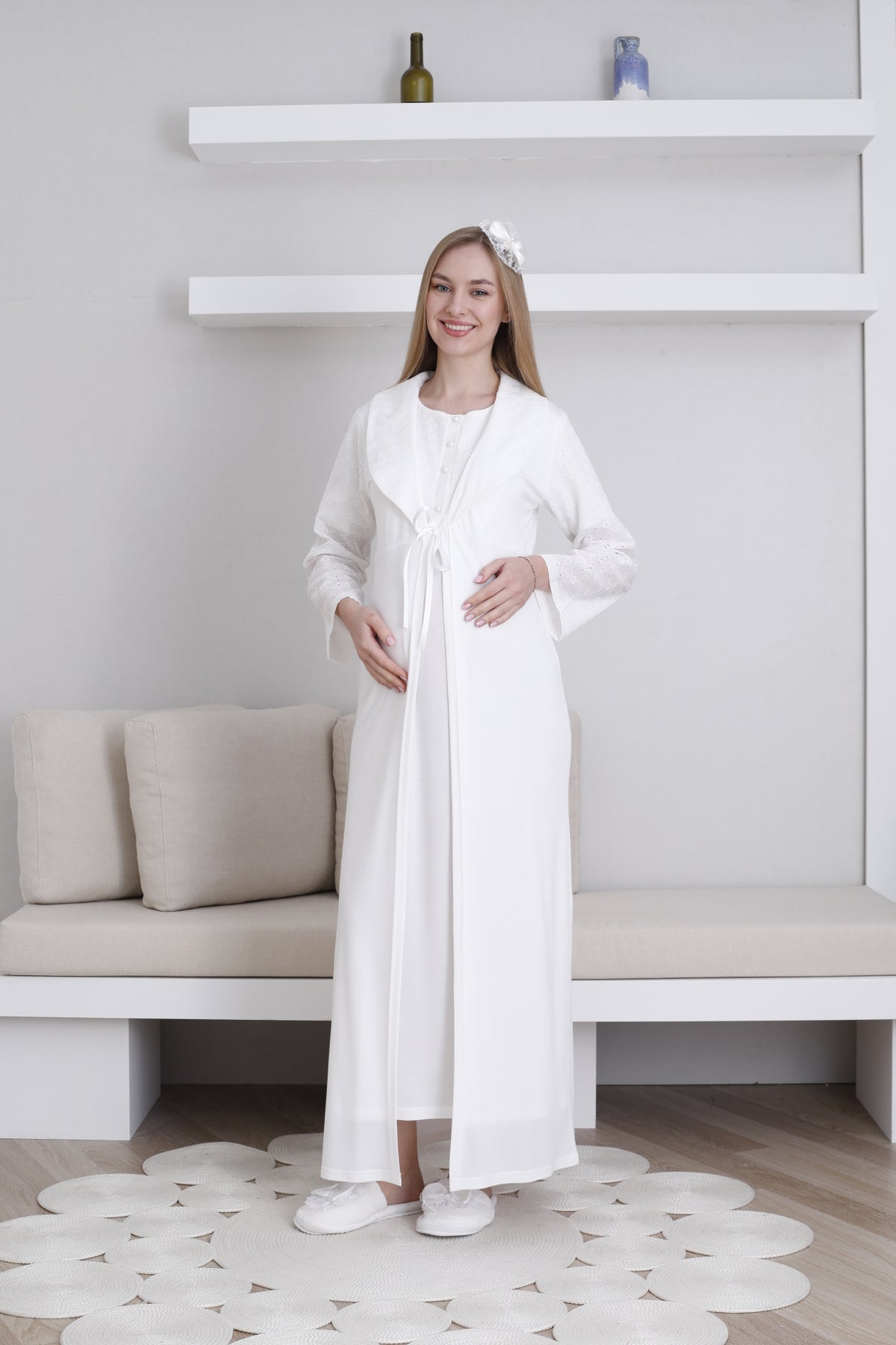 Embroidered Maternity-Nursing Nightgown & Robe Set Ecru - 2298