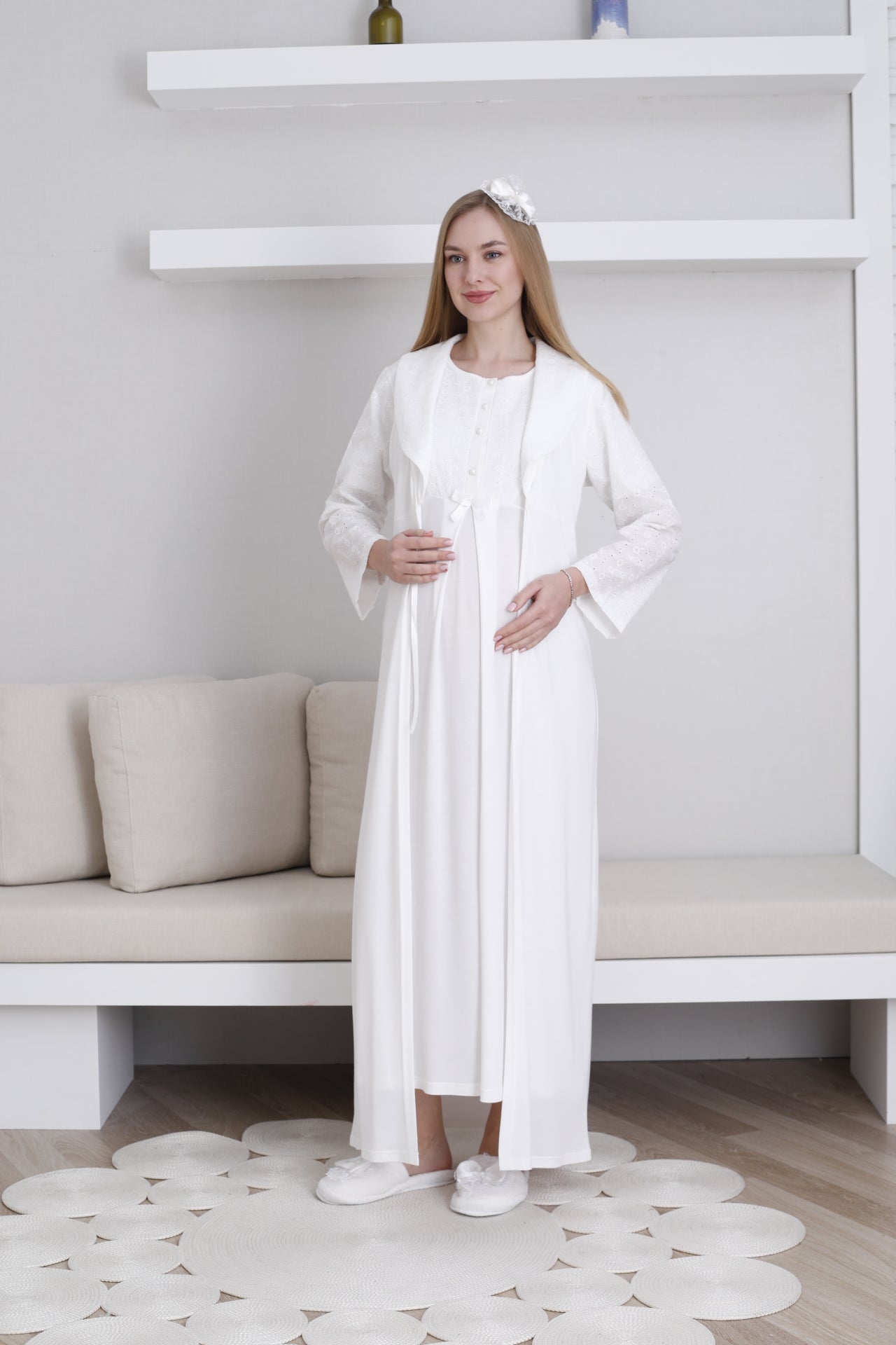 Embroidered Maternity-Nursing Nightgown & Robe Set Ecru - 2298