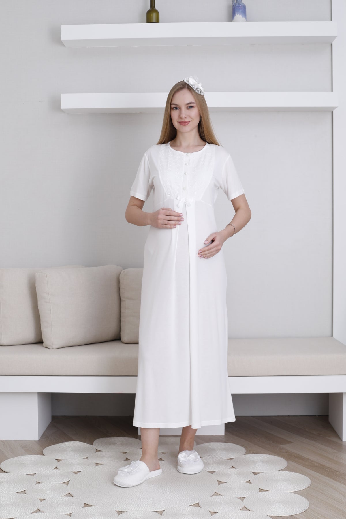 Embroidered Maternity-Nursing Nightgown & Robe Set Ecru - 2298