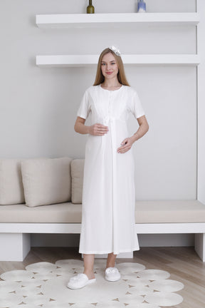 Embroidered Maternity-Nursing Nightgown & Robe Set Ecru - 2298