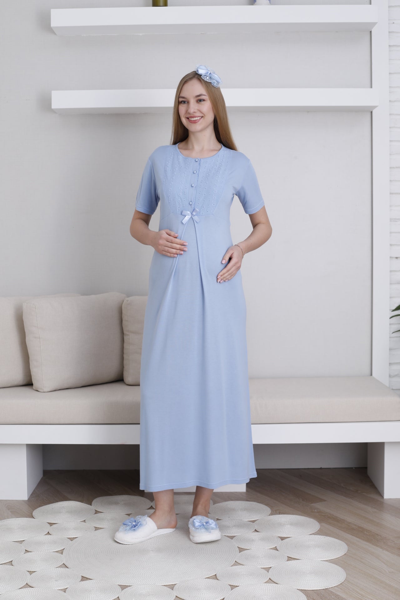 Embroidered Maternity-Nursing Nightgown & Robe Set Blue - 2298