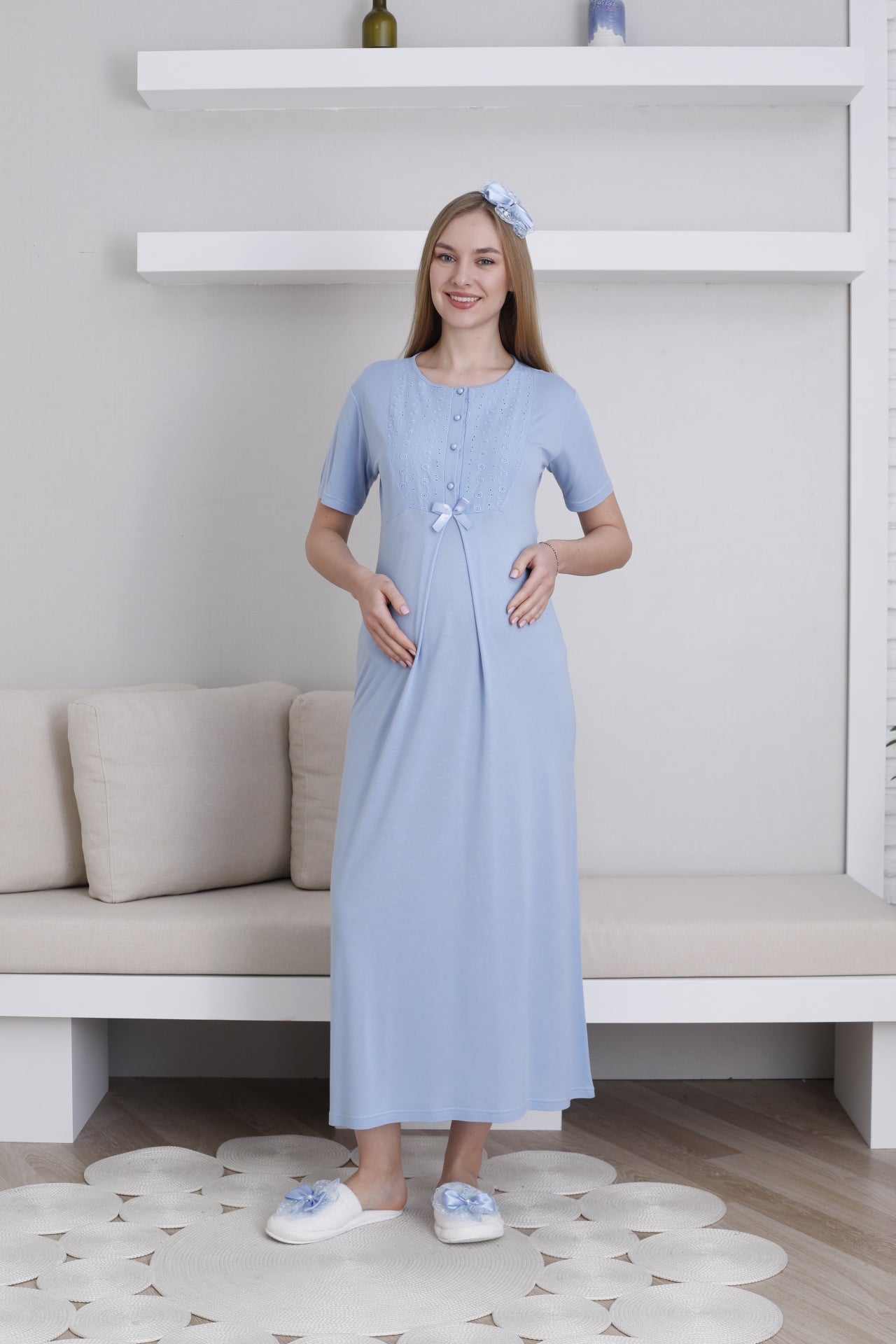 Embroidered Maternity-Nursing Nightgown & Robe Set Blue - 2298