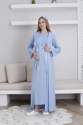 Embroidered Maternity-Nursing Nightgown & Robe Set Blue - 2298