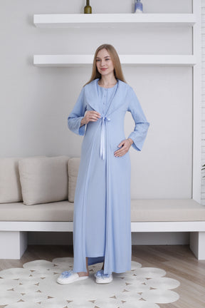 Embroidered Maternity-Nursing Nightgown & Robe Set Blue - 2298