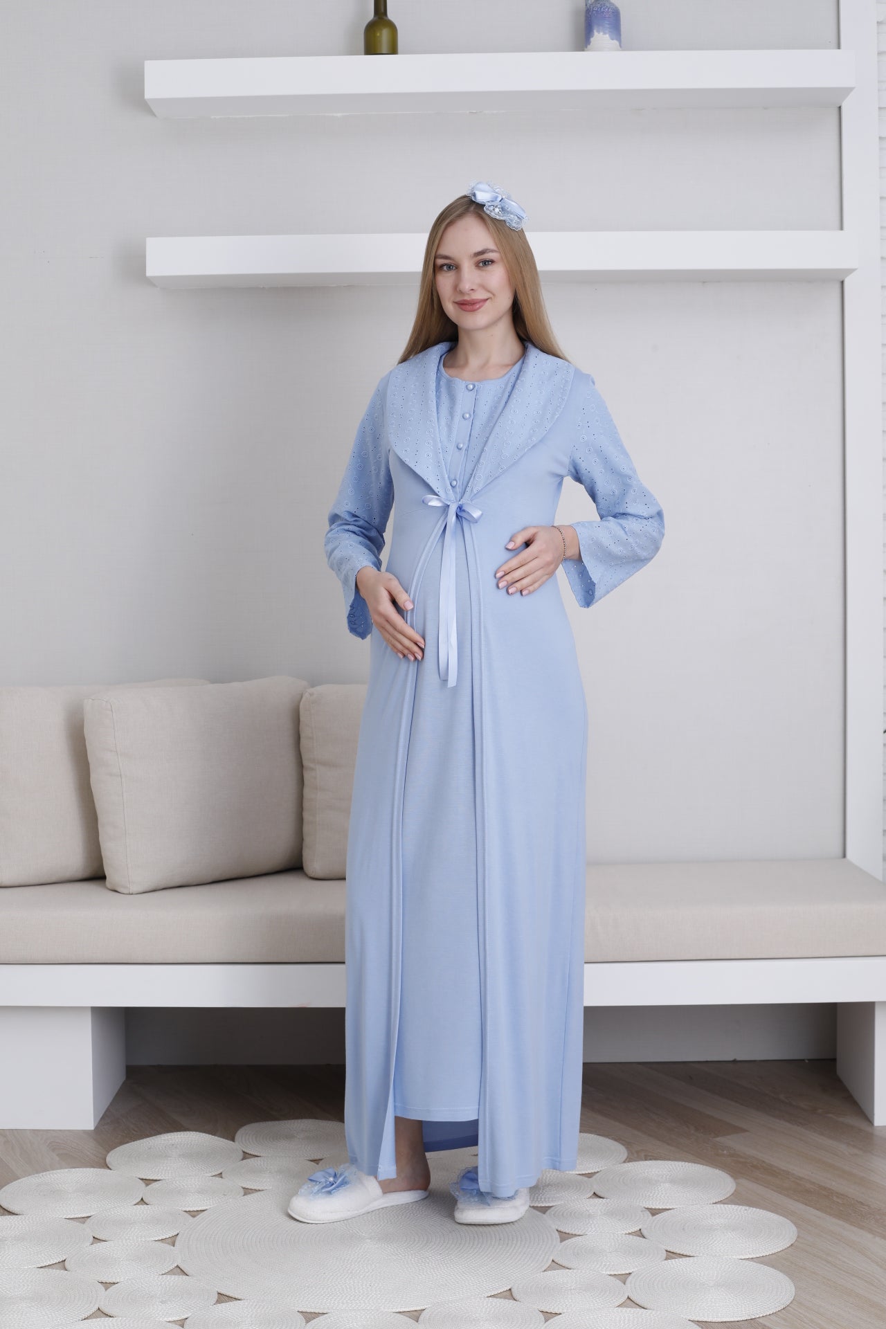 Embroidered Maternity-Nursing Nightgown & Robe Set Blue - 2298