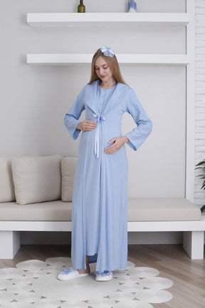 Embroidered Maternity-Nursing Nightgown & Robe Set Blue - 2298