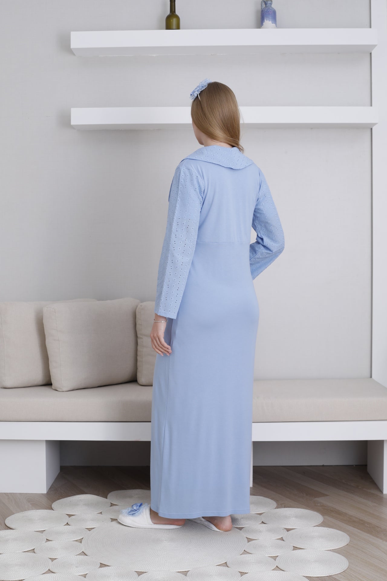 Embroidered Maternity-Nursing Nightgown & Robe Set Blue - 2298