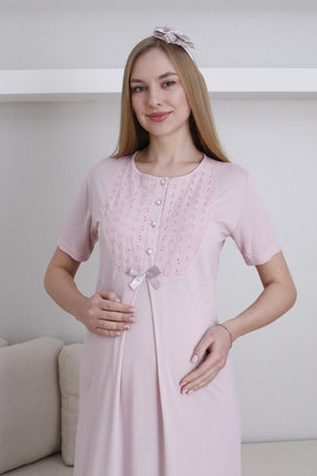 Embroidered Maternity-Nursing Nightgown & Robe Set Powder - 2298