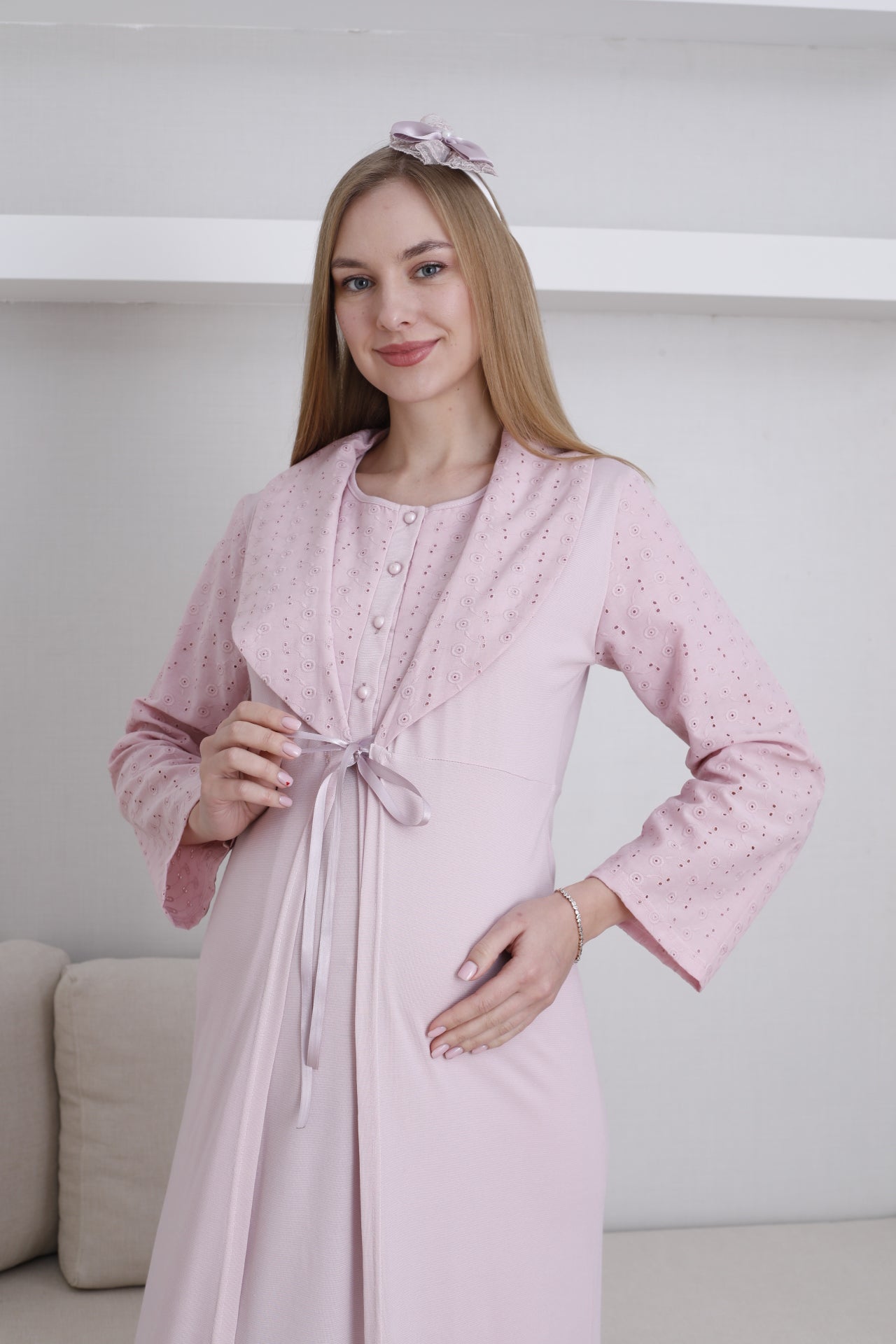 Embroidered Maternity-Nursing Nightgown & Robe Set Powder - 2298