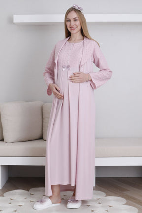 Embroidered Maternity-Nursing Nightgown & Robe Set Powder - 2298