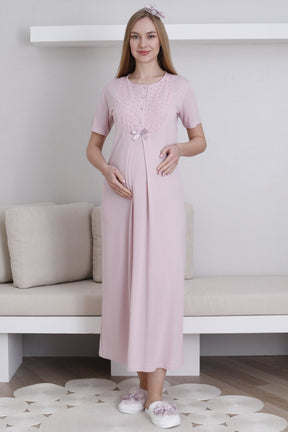 Embroidered Maternity-Nursing Nightgown & Robe Set Powder - 2298