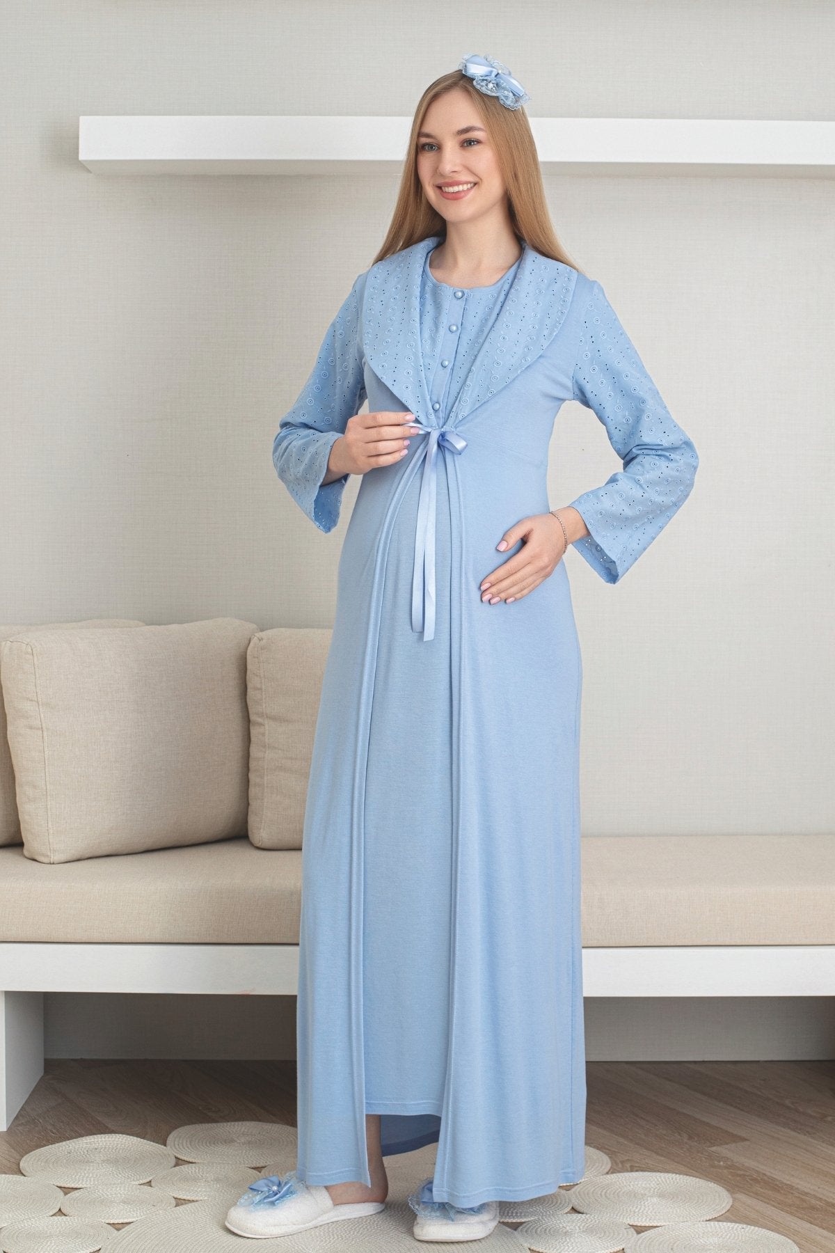 Embroidered Maternity-Nursing Nightgown & Robe Set Blue - 2298