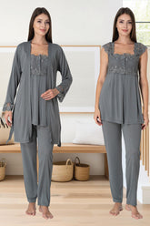 Lace Shoulder 3-Pieces Maternity & Nursing Pajamas With Robe Anthracite - 2301