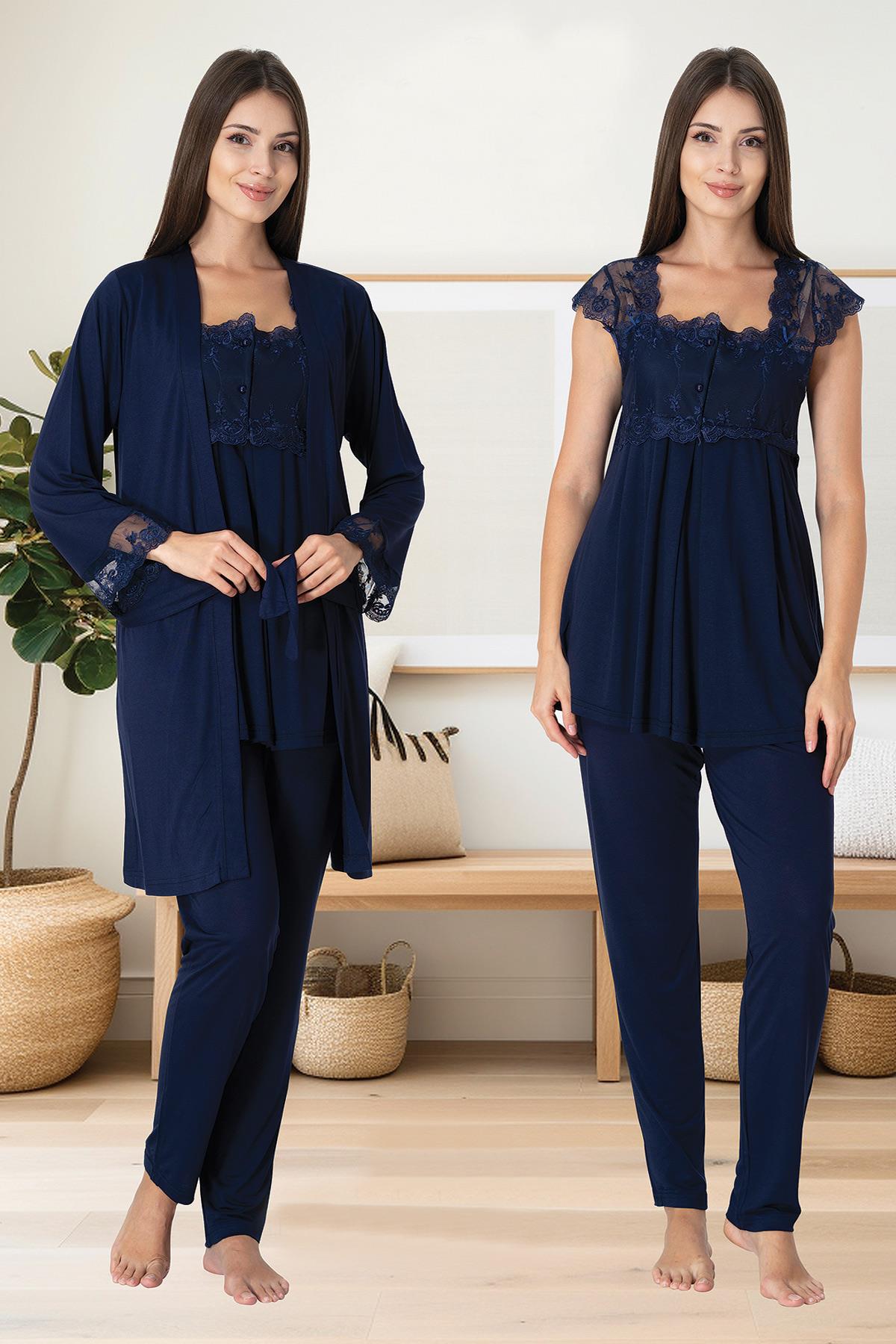 Lace Shoulder 3-Pieces Maternity & Nursing Pajamas With Robe Navy Blue - 2301