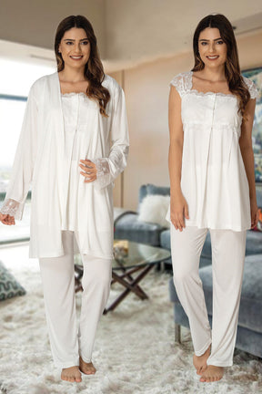 Lace Shoulder 3-Pieces Maternity & Nursing Pajamas With Robe Ecru - 2301