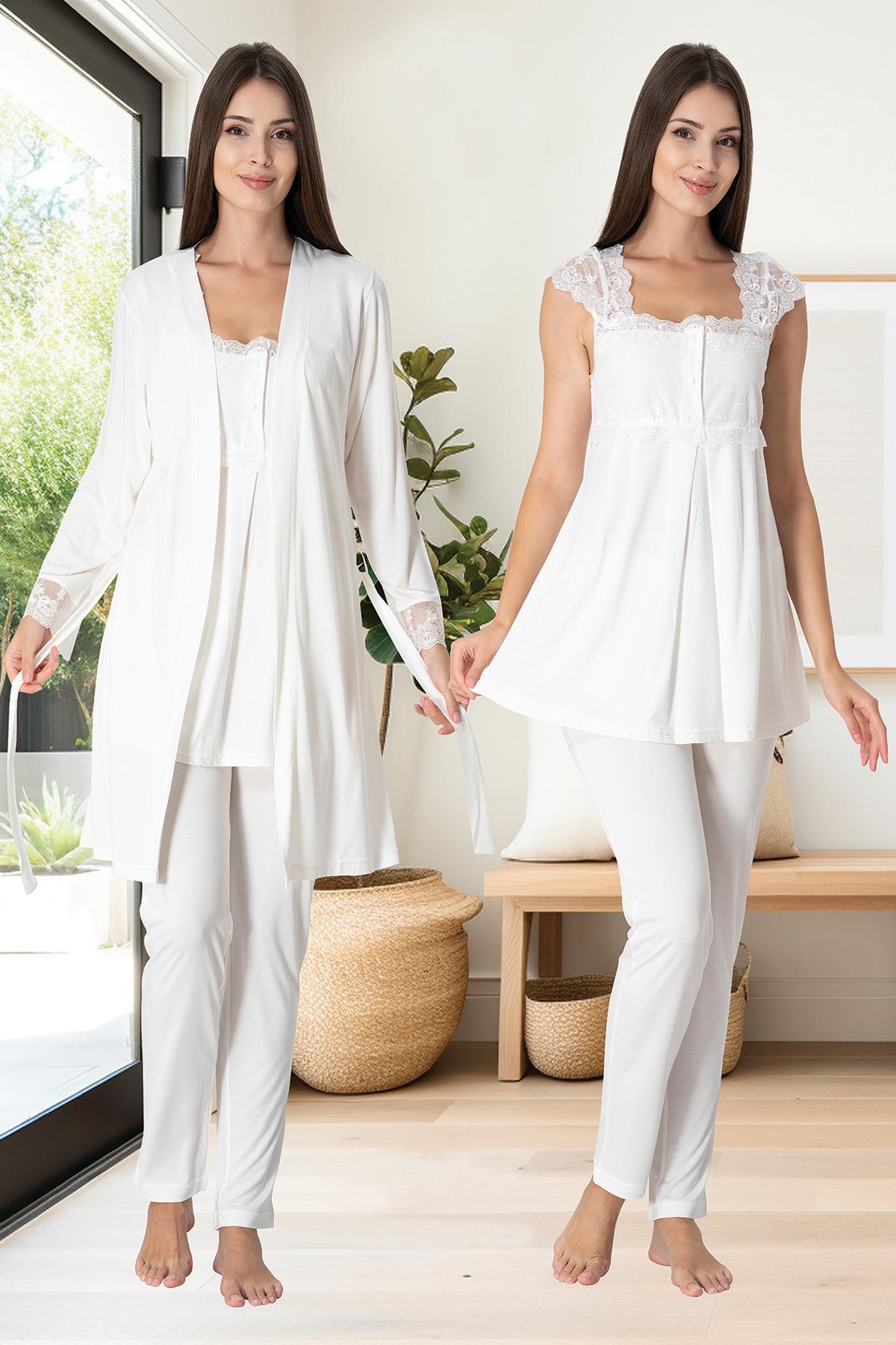 Lace Shoulder 3-Pieces Maternity & Nursing Pajamas With Robe Ecru - 2301