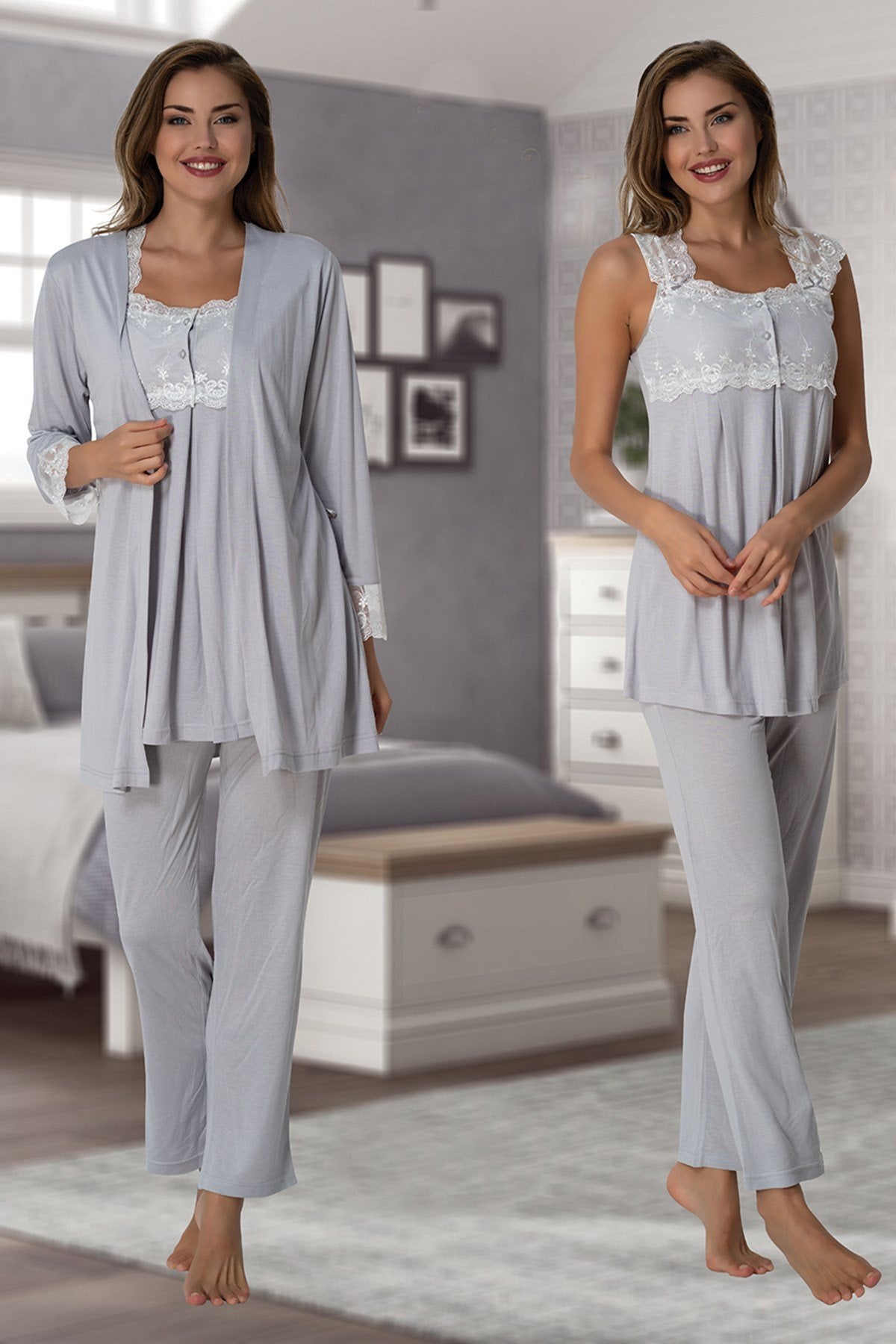 Lace Shoulder 3-Pieces Maternity & Nursing Pajamas With Robe Grey - 2301