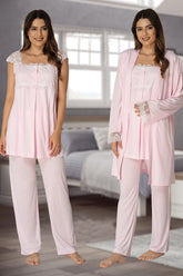 Lace Shoulder 3-Pieces Maternity & Nursing Pajamas With Robe Pink - 2301