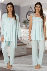 Lace Shoulder 3-Pieces Maternity & Nursing Pajamas With Robe Turquoise - 2301