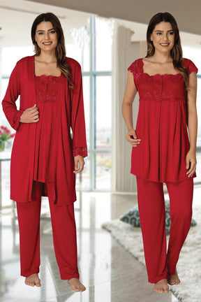 Lace Shoulder 3-Pieces Maternity & Nursing Pajamas With Robe Cherry - 2301