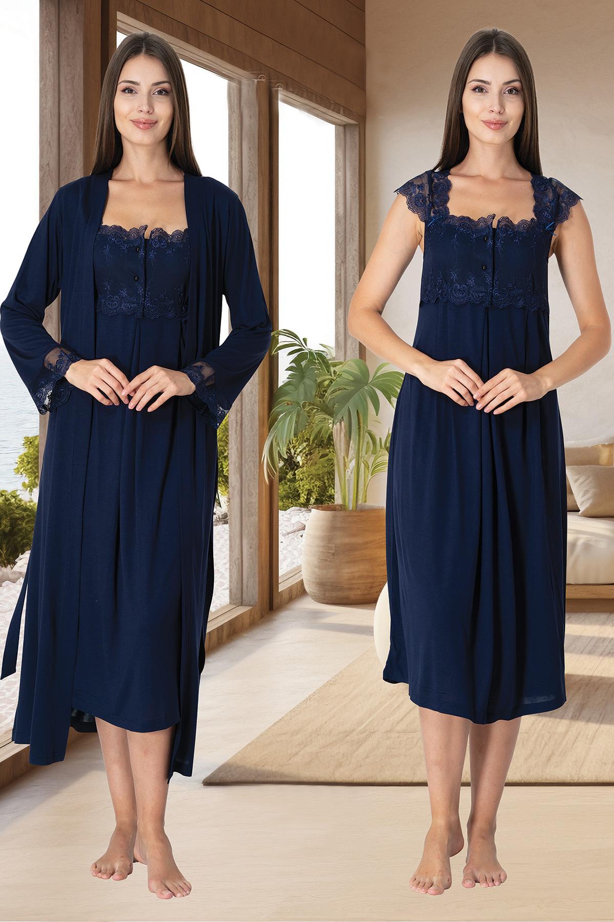 Lace Shoulder Maternity & Nursing Nightgown With Robe Navy Blue - 2302