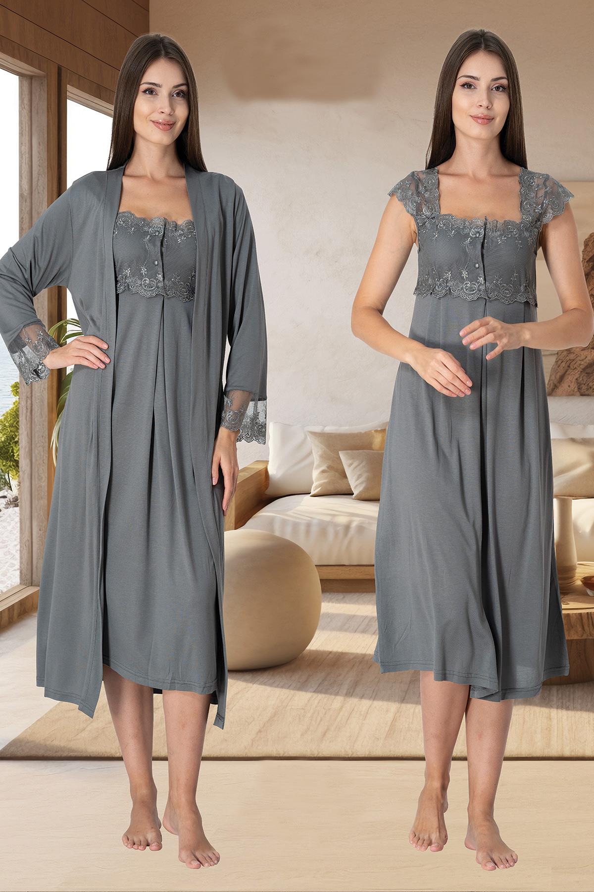 Lace Shoulder Maternity & Nursing Nightgown With Robe Anthracite - 2302