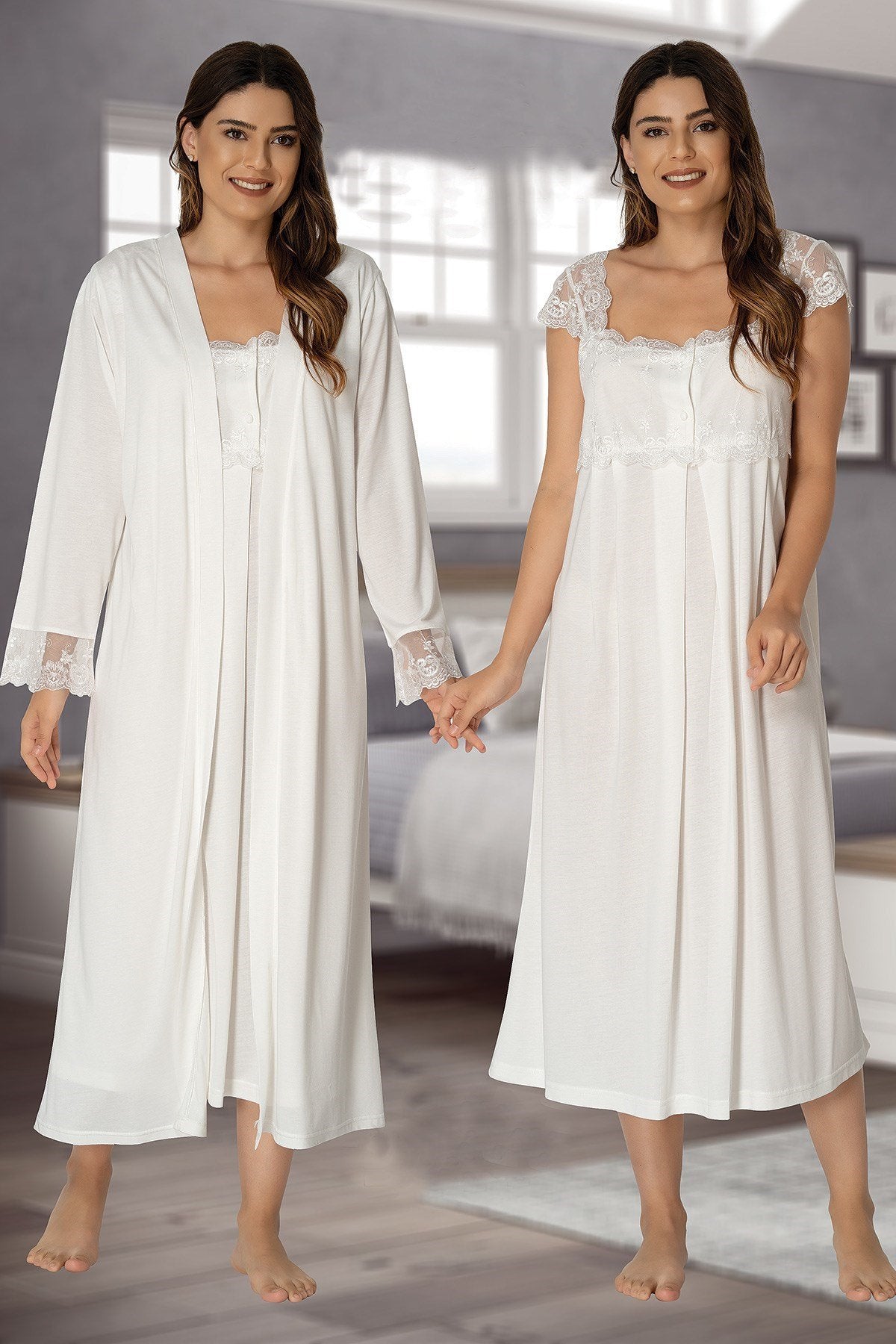 Lace Shoulder Maternity & Nursing Nightgown With Robe Ecru - 2302