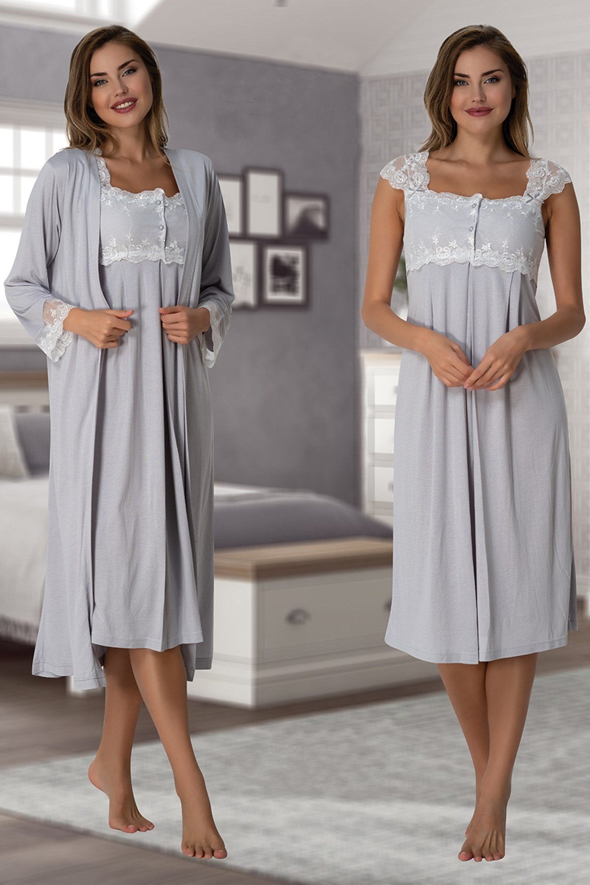 Lace Shoulder Maternity & Nursing Nightgown With Robe Grey - 2302