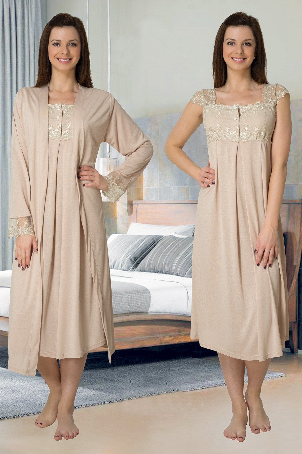 Lace Shoulder Maternity & Nursing Nightgown With Robe Coffee - 2302