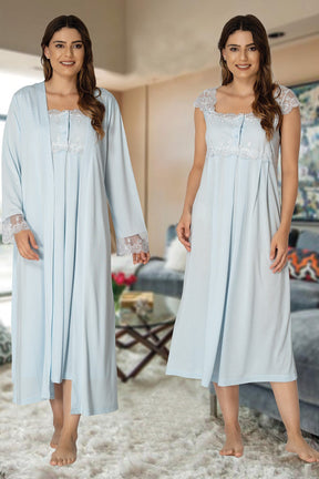 Lace Shoulder Maternity & Nursing Nightgown With Robe Blue - 2302