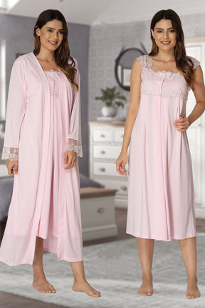 Lace Shoulder Maternity & Nursing Nightgown With Robe Pink - 2302