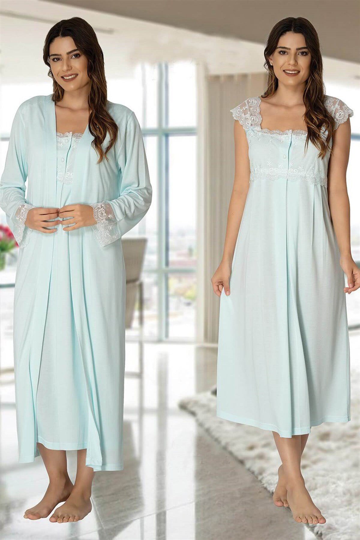 Lace Shoulder Maternity & Nursing Nightgown With Robe Turquoise - 2302