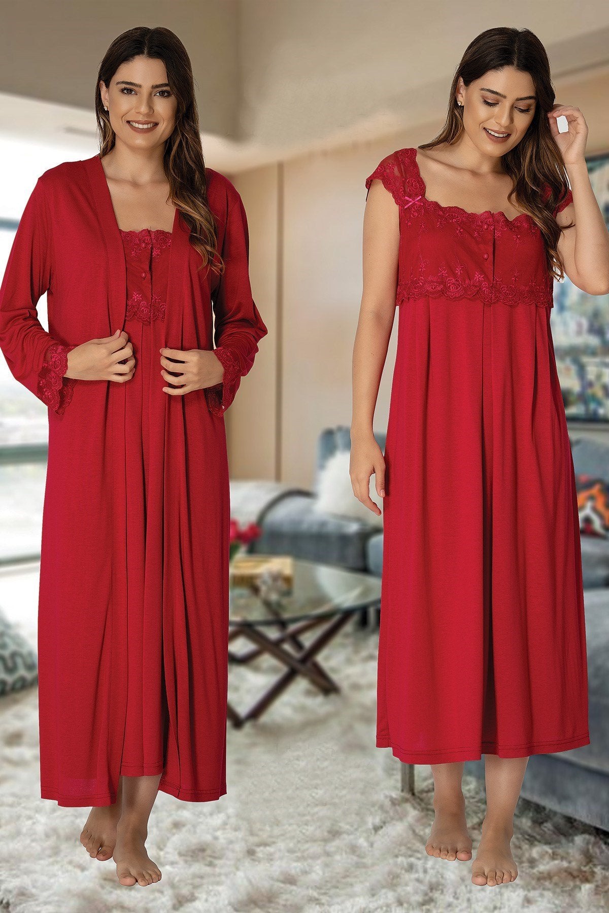 Lace Shoulder Maternity & Nursing Nightgown With Robe Cherry - 2302