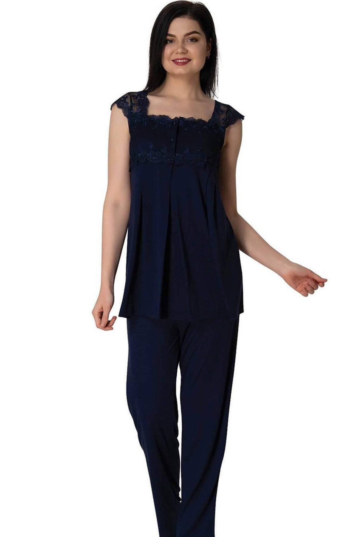 Lace Shoulder 3-Pieces Maternity & Nursing Pajamas With Robe Navy Blue - 2301