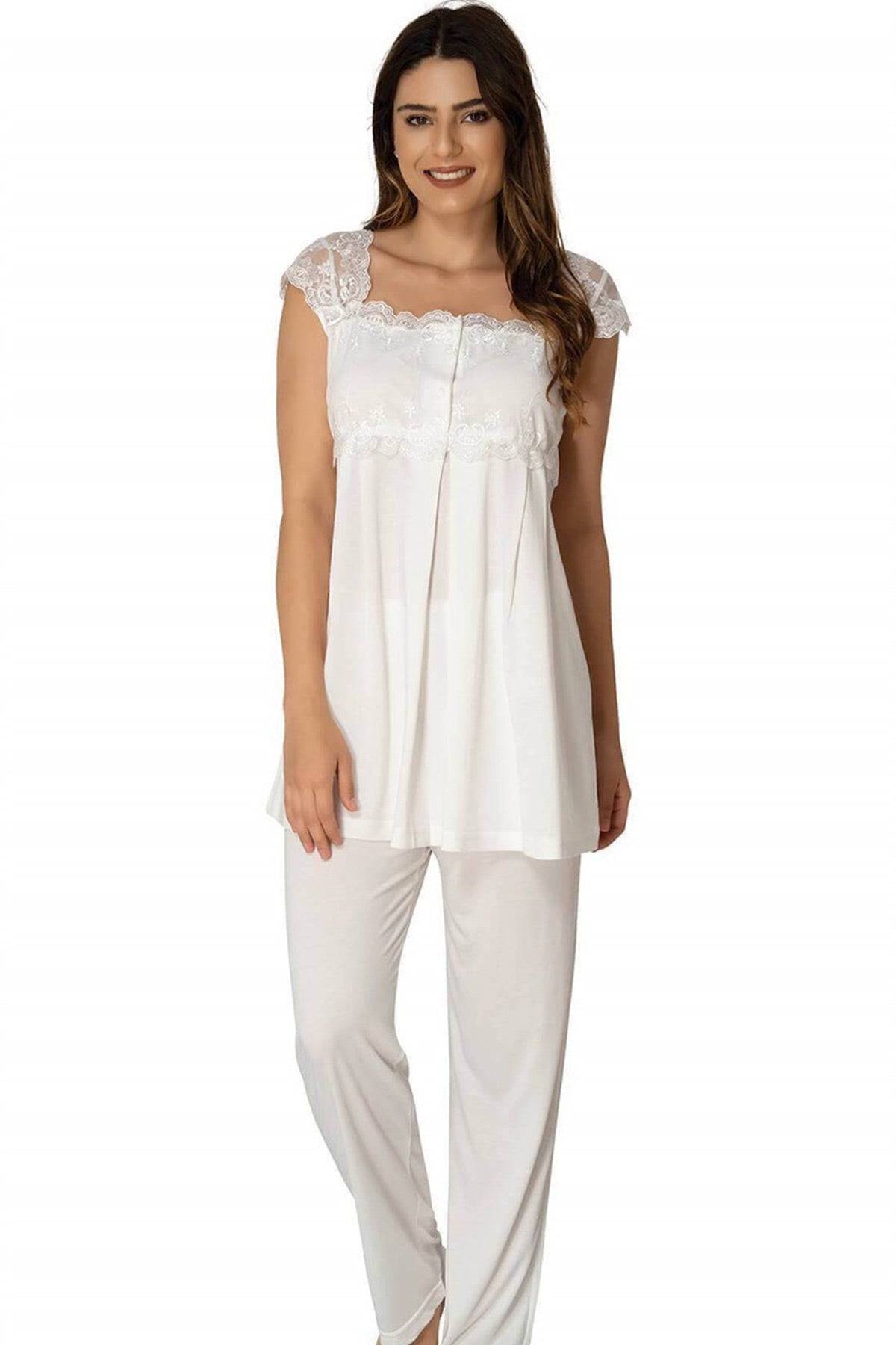 Lace Shoulder Maternity & Nursing Pajamas Ecru - 2303