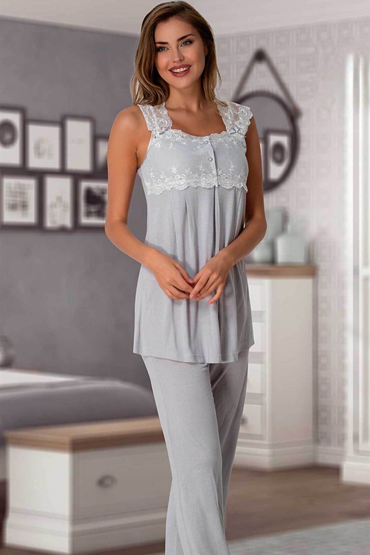 Lace Shoulder Maternity & Nursing Pajamas Grey - 2303