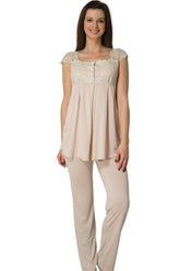 Lace Shoulder Maternity & Nursing Pajamas Coffee - 2303