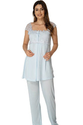 Lace Shoulder Maternity & Nursing Pajamas Blue - 2303