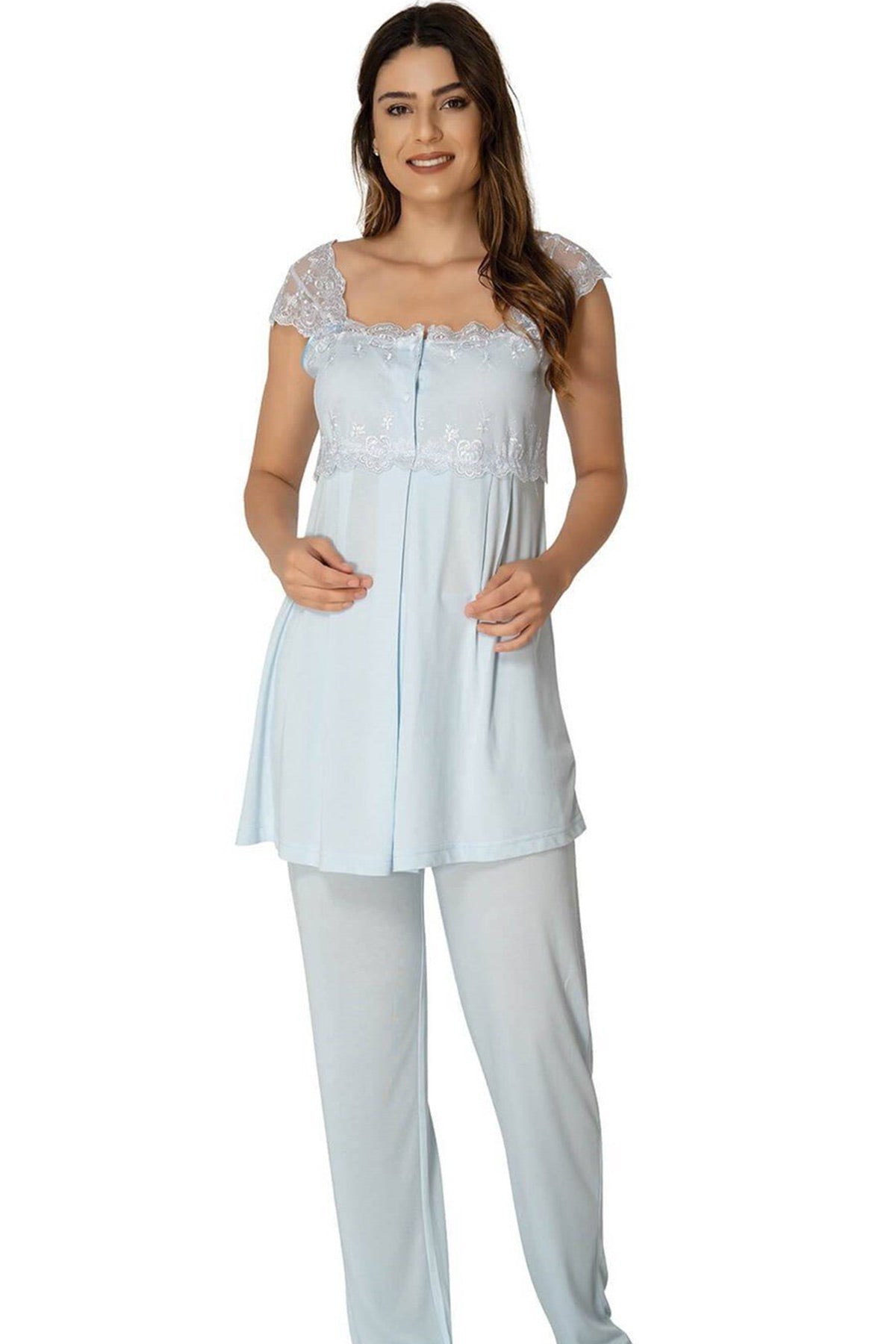 Lace Shoulder 3-Pieces Maternity & Nursing Pajamas With Robe Blue - 2301